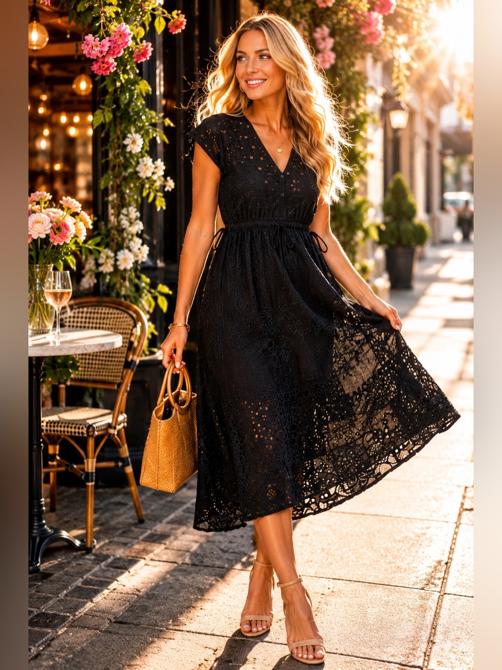 Johnny Was Black Eyelet V-Neck Midi Dress